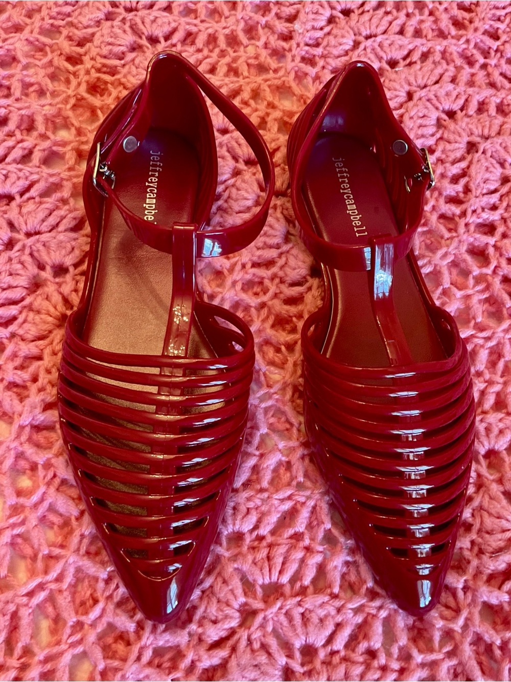 Jeffrey Campbell Red Patent Strappy Pointed Flats with Ankle Strap